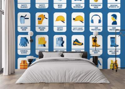 Collection of safety equipment. Set of safety and health protection signs. Mandatory construction and industry signs. Protection on work. Wall mural