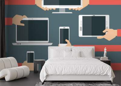 Flat design illustration of hands holding different computer and Wall mural