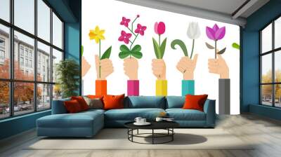 Flat design illustration of hands holding various flowers. Hands holding rose, tulip, orchid, espatifilo, bells flowers, bellis perennis, bulb flowers. Wall mural