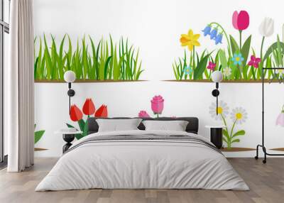 Flower and grass flat icon set isolated on white. Various garden flowers including rose, tulip, orchid, Espatifilo, bells flowers, Bellis perennis, bulb flowers. Wall mural