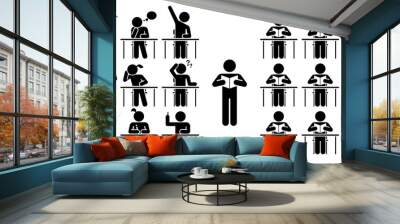 School days. Students in school attending classes. Teacher and pupils in classroom. Pictogram icon set. Wall mural