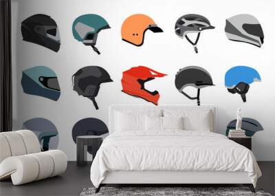 Set of racing helmets on a white background. Racing helmets for car, motorcycle and bicycle. Head protection. Wall mural