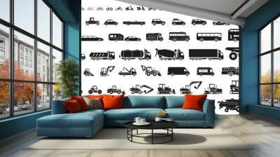 Set of various transportation and construction machinery. Icons of Motorcycles and bicycles, cars, heavy trucks, Heavy-duty vehicles and buses. Wall mural