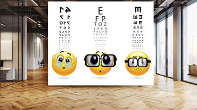 Smileys with different types of glasses on eye examination. Medical eye test and diopter determination. Wall mural