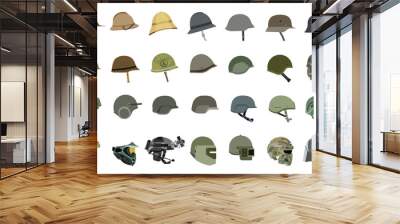 Vector illustration of old and modern Military helmets. Helmets of various armies throughout history. Wall mural