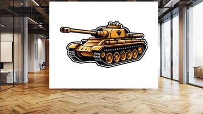 A cartoon drawing of a yellow tank with black outlining on a white background. Wall mural