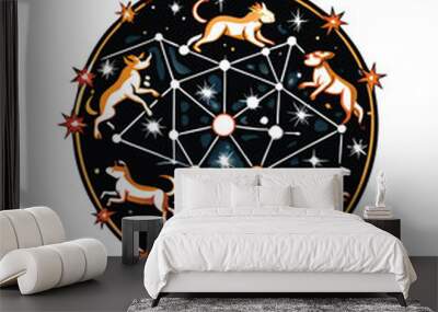 A circular design featuring a constellation of animals in the night sky. Wall mural