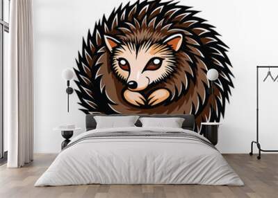 A close-up vector illustration of a curled-up hedgehog with brown and black spines. Wall mural