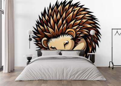 A close-up vector illustration of a hedgehog curled up in a ball, with brown and white spikes and a light brown face. Wall mural