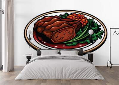 A delicious plate of braised pork shoulder with gravy, red beans, and green leafy vegetables. Wall mural