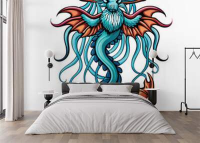 A fantasy creature, a hybrid of a dragon and a jellyfish, with blue and orange wings. Wall mural