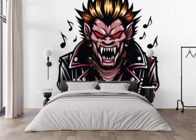 A ferocious, punk rock monster with spiky hair, wearing a leather jacket and a chain necklace, with musical notes floating around him. Wall mural