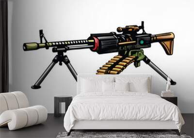 A fully automatic machine gun with a large ammo belt, standing on a tripod. Wall mural