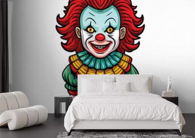 A lifelike ceramic clown doll with bright red hair and a sinister smile. Wall mural