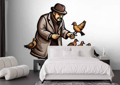 A man in a coat and hat feeding birds in a park, tossing bread crumbs. Wall mural