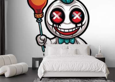 A playful cartoon character with X shaped eyes holding a balloon. Wall mural