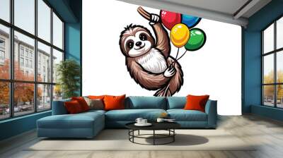 A playful cartoon sloth hanging from a tree branch with a bunch of colorful balloons. Wall mural