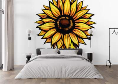 A realistic depiction of a single sunflower with vibrant yellow petals, a dark brown center, and two green leaves on a stem. Wall mural