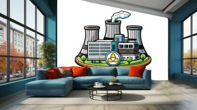 A schematic vector diagram of a nuclear power plant with three cooling towers, a building, and trees. Wall mural