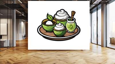 A stylized vector illustration of a matcha dessert set, including two bowls of matcha ice cream with whipped cream, a small jar of matcha powder, and a wooden whisk, all on a wooden tray. Wall mural