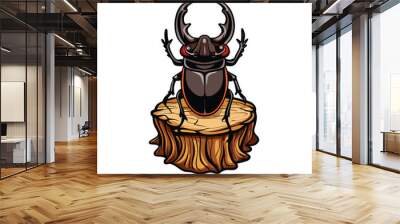 A vector illustration of a rhinoceros beetle with its horned head, standing on a tree stump,  isolated on a white background. Wall mural