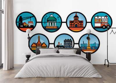 A visual timeline showing the construction phases of a building, from the initial laying of the foundation to the final finishing touches, with each phase depicted as a circular icon. Wall mural