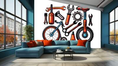 An illustration of bike repair tools color coded by tool type. Wall mural