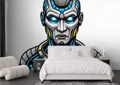 Editable stroke vector illustration of a humanoid AI avatar with glowing blue eyes and a silver, metallic body. Wall mural