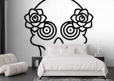 Editable stroke vector illustration of a skull with roses growing on the eyes, outlined in black. Wall mural