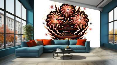 Editable stroke vector illustration of three fireworks exploding over a pagoda. Wall mural