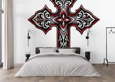 Editable stroke vector of a gothic cross with ornamental details, black, red, and white colors. Wall mural