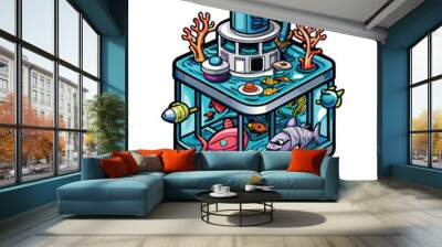 Futuristic underwater laboratory scene with a cylindrical building and fish inside a large aquarium. Wall mural