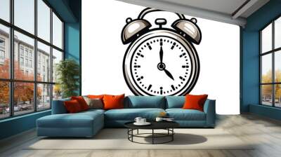 Illustration of a vintage alarm clock with a white face and black hands. Wall mural