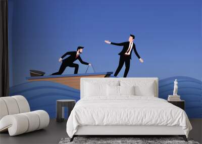 Illustration of two businessmen, one in a boat rowing through rough waters and another reaching out a hand to help. Wall mural