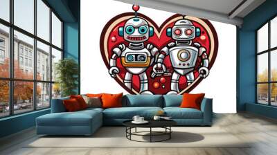 Illustration of two vintage robots holding hands inside a red heart. Wall mural