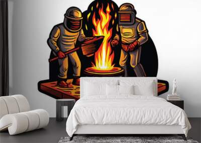 Two steelworkers in protective gear pour molten metal into a furnace. Wall mural