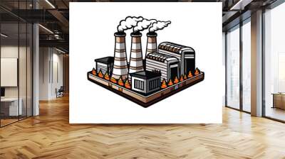 Vector illustration of a coal-fired power plant with three smokestacks emitting smoke. Wall mural