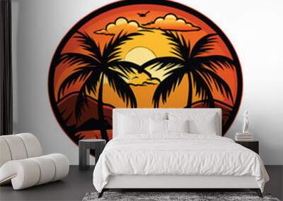 Vector illustration of a desert sunset with two palm trees. Wall mural