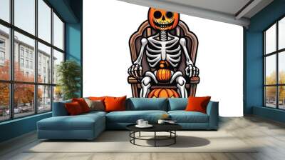 Vector illustration of a skeleton wearing a pumpkin head sitting on a wooden chair. Wall mural