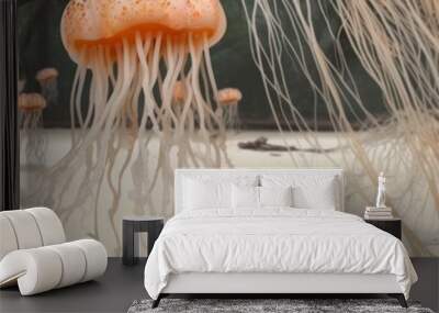 Peach fuzz jellyfish in the deep sea. Weird look od splashes and smoke swimming in the sea deep. Wall mural