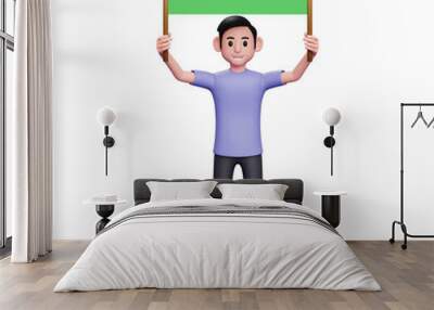 3d Character illustration Casual man holding green placard with both hands, convey a written message via placard Wall mural