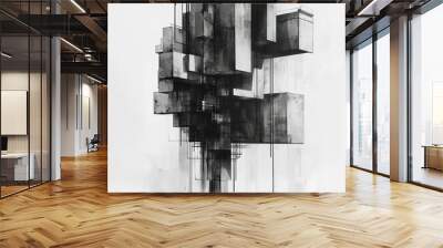 abstract floating concept structure with architectural interconnected solid geometric elements with thin lines in graphite tones on a white background Wall mural