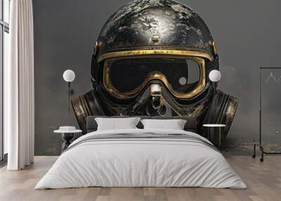 adventure motorcycle dirty helmet with golden mx goggles in a grey studio background Wall mural