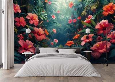 amazing tropical floral background illustration with a vintage style painting, amazing deep greens and contrasting ruddy flowers Wall mural