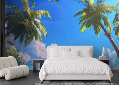 beautiful summer wallpaper with coconut trees and a blue sky in ground level view Wall mural