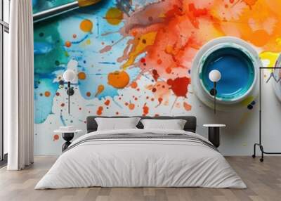 bright artistic watercolor banner with lot of splashes and the materials used Wall mural