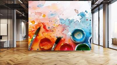 bright artistic watercolor banner with lot of splashes and the materials used Wall mural