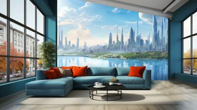 futuristic metropolis cityscape with glass tall buildings and excellent natural light and shinny water Wall mural