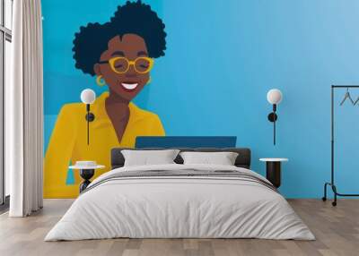 happy young person illustration typing on a laptop with simple graphics and bold colors Wall mural