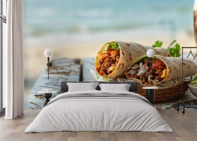 mexican burrito cut in half  on a restaurant table, beach scenario and a blurred background, realistic and professional  Wall mural